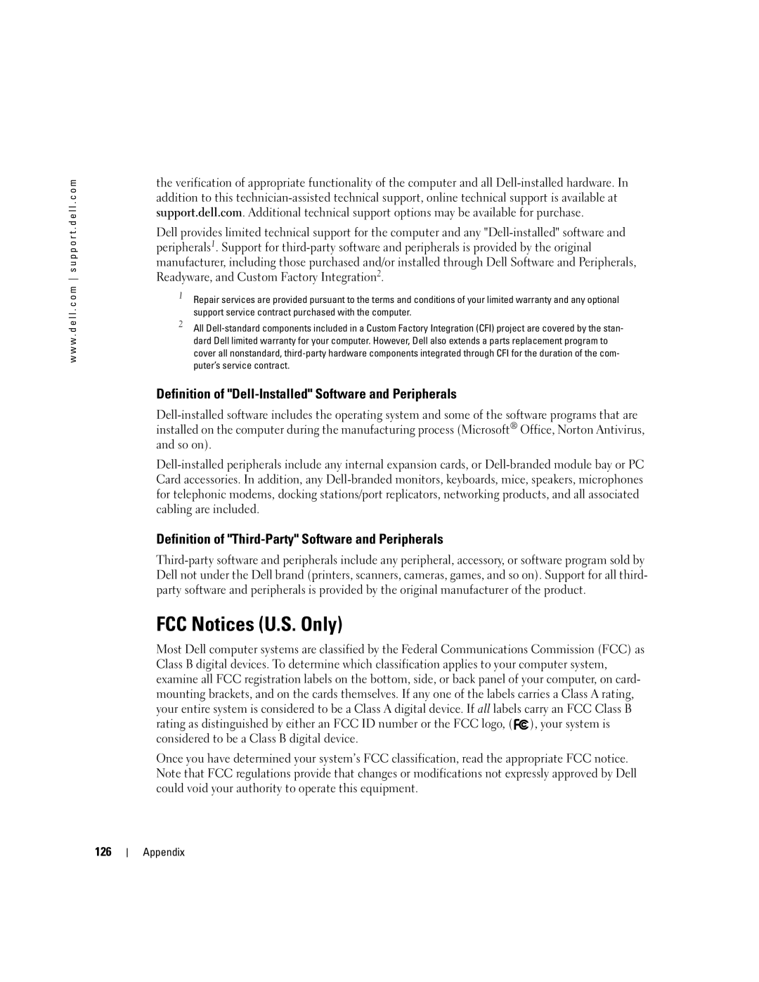 Dell 400 owner manual FCC Notices U.S. Only, Definition of Dell-Installed Software and Peripherals, 126 