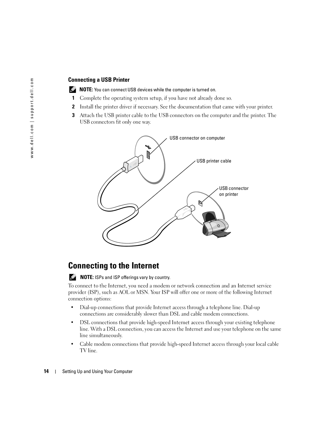 Dell 400 owner manual Connecting to the Internet, Connecting a USB Printer, USB connector on computer USB printer cable 