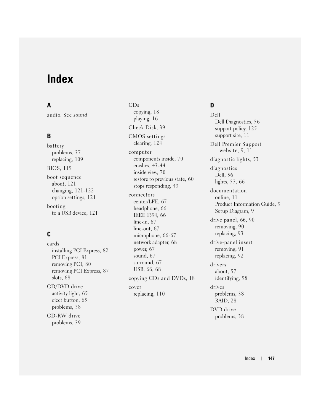 Dell 400 owner manual Index 147 