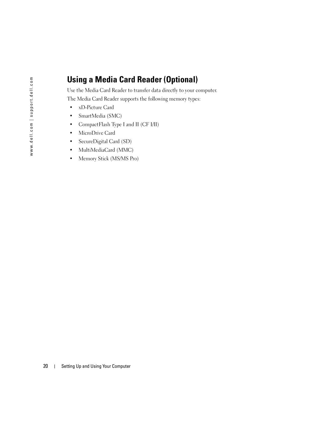 Dell 400 owner manual Using a Media Card Reader Optional 