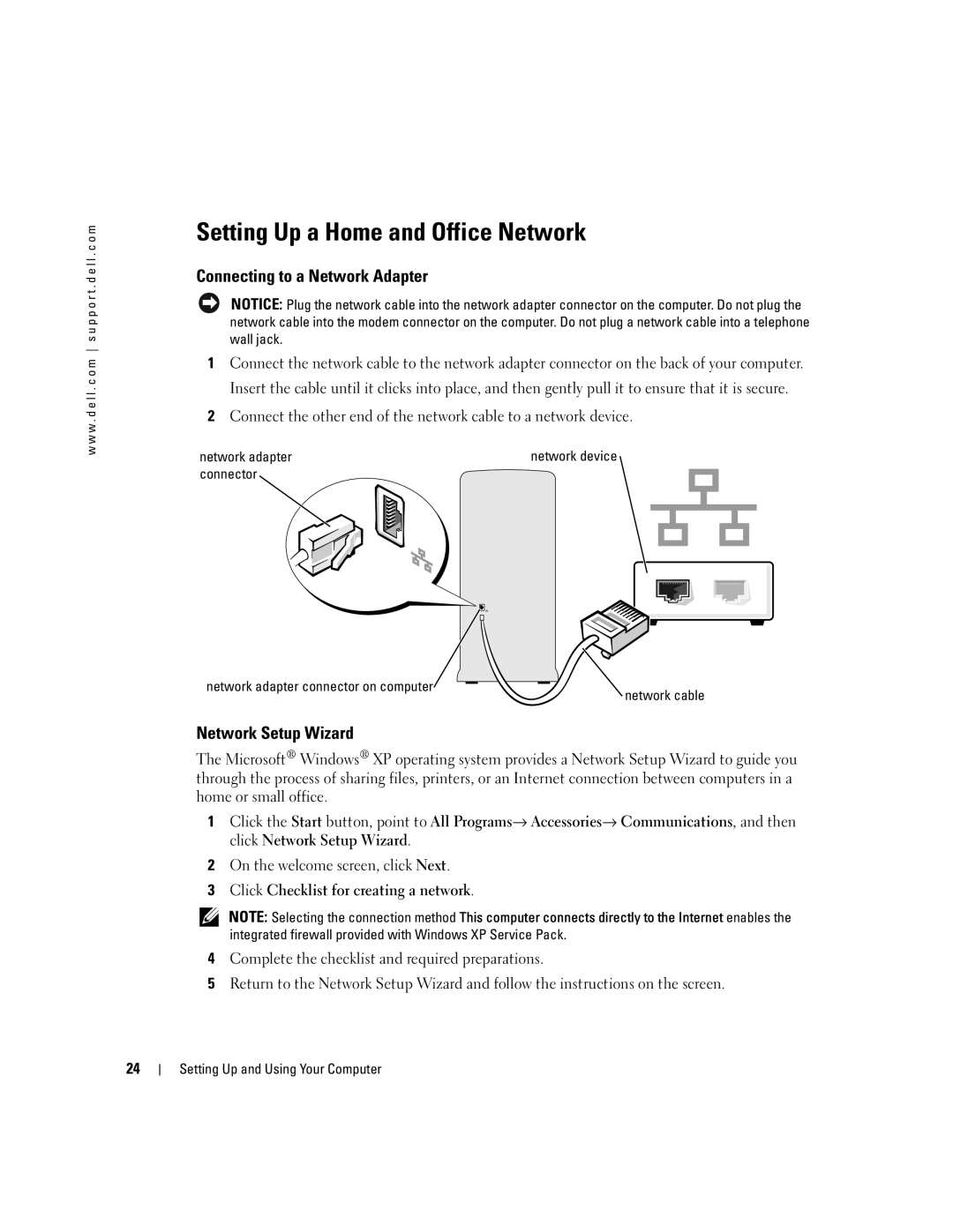 Dell 400 owner manual Setting Up a Home and Office Network, Connecting to a Network Adapter, Network Setup Wizard 