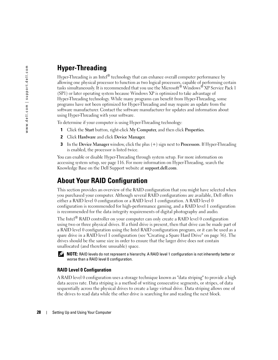 Dell 400 owner manual Hyper-Threading, About Your RAID Configuration, RAID Level 0 Configuration 