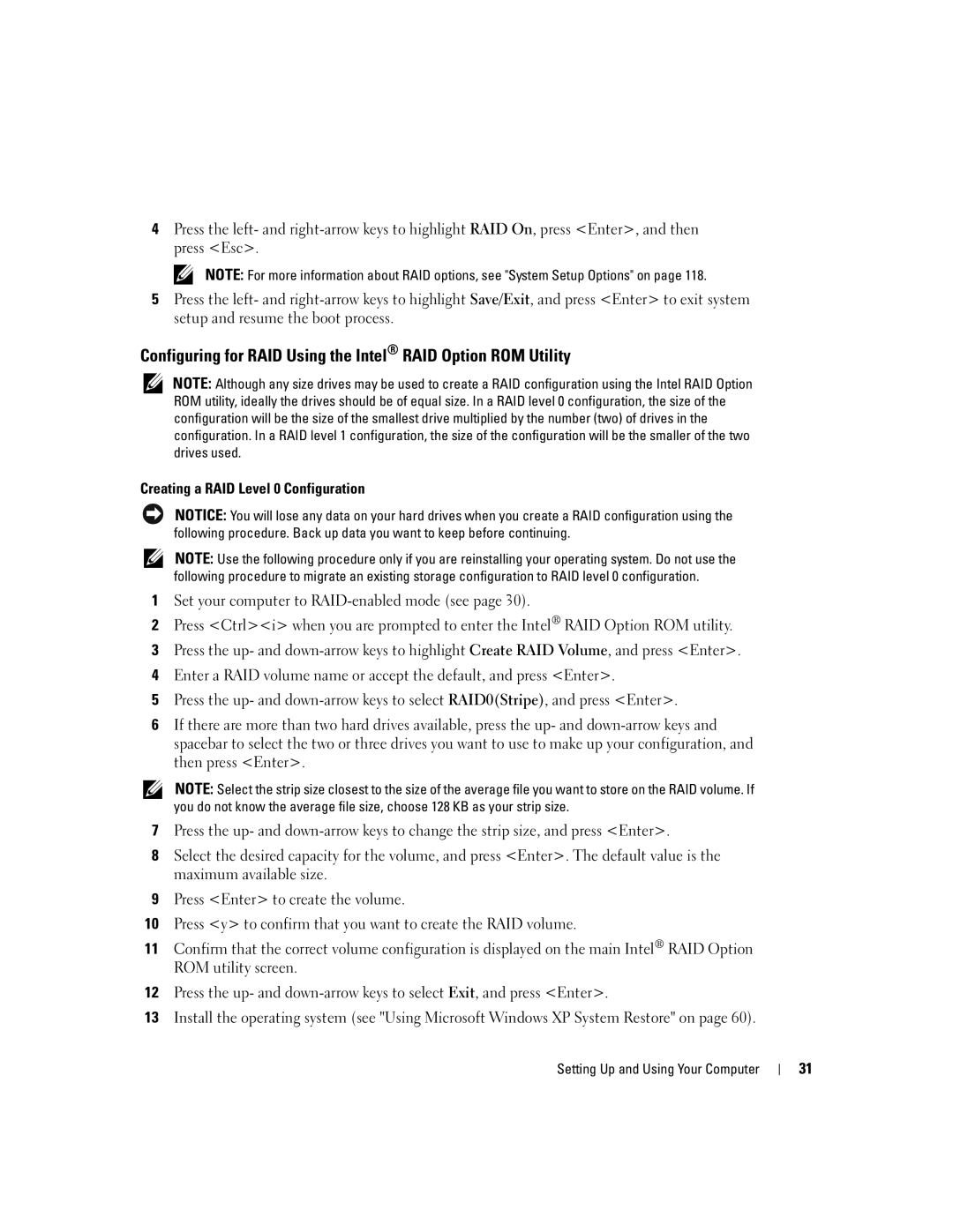 Dell 400 owner manual Configuring for RAID Using the Intel RAID Option ROM Utility, Creating a RAID Level 0 Configuration 