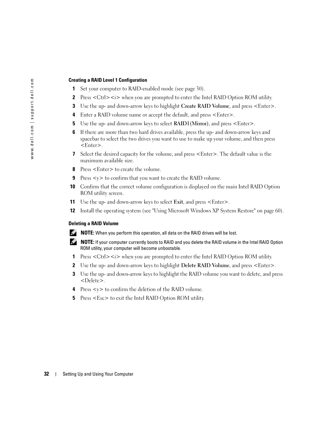 Dell 400 owner manual Creating a RAID Level 1 Configuration, Deleting a RAID Volume 