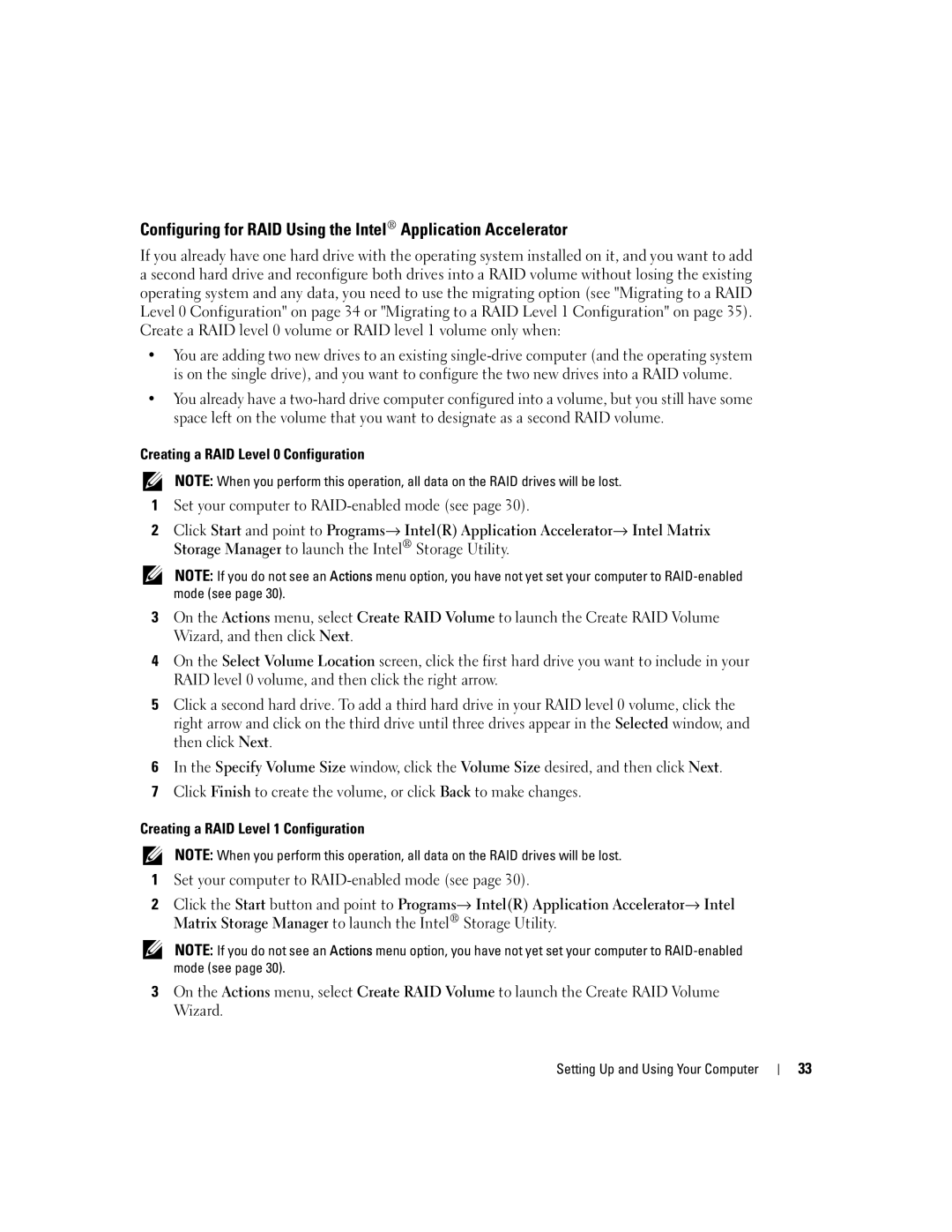 Dell 400 owner manual Configuring for RAID Using the Intel Application Accelerator 