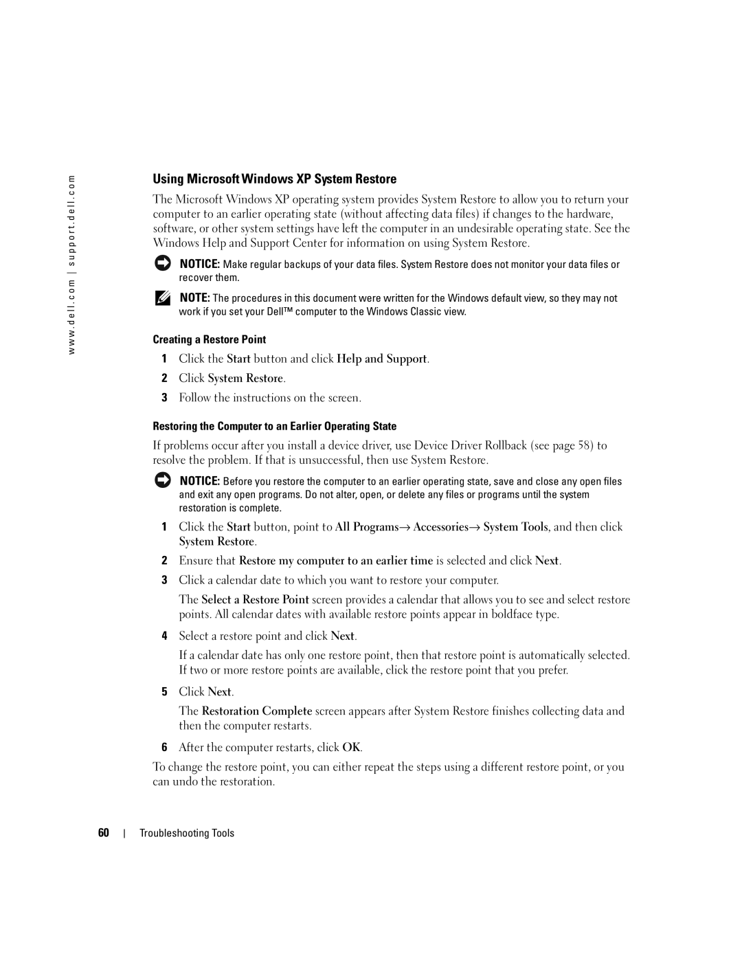 Dell 400 owner manual Using Microsoft Windows XP System Restore, Creating a Restore Point 