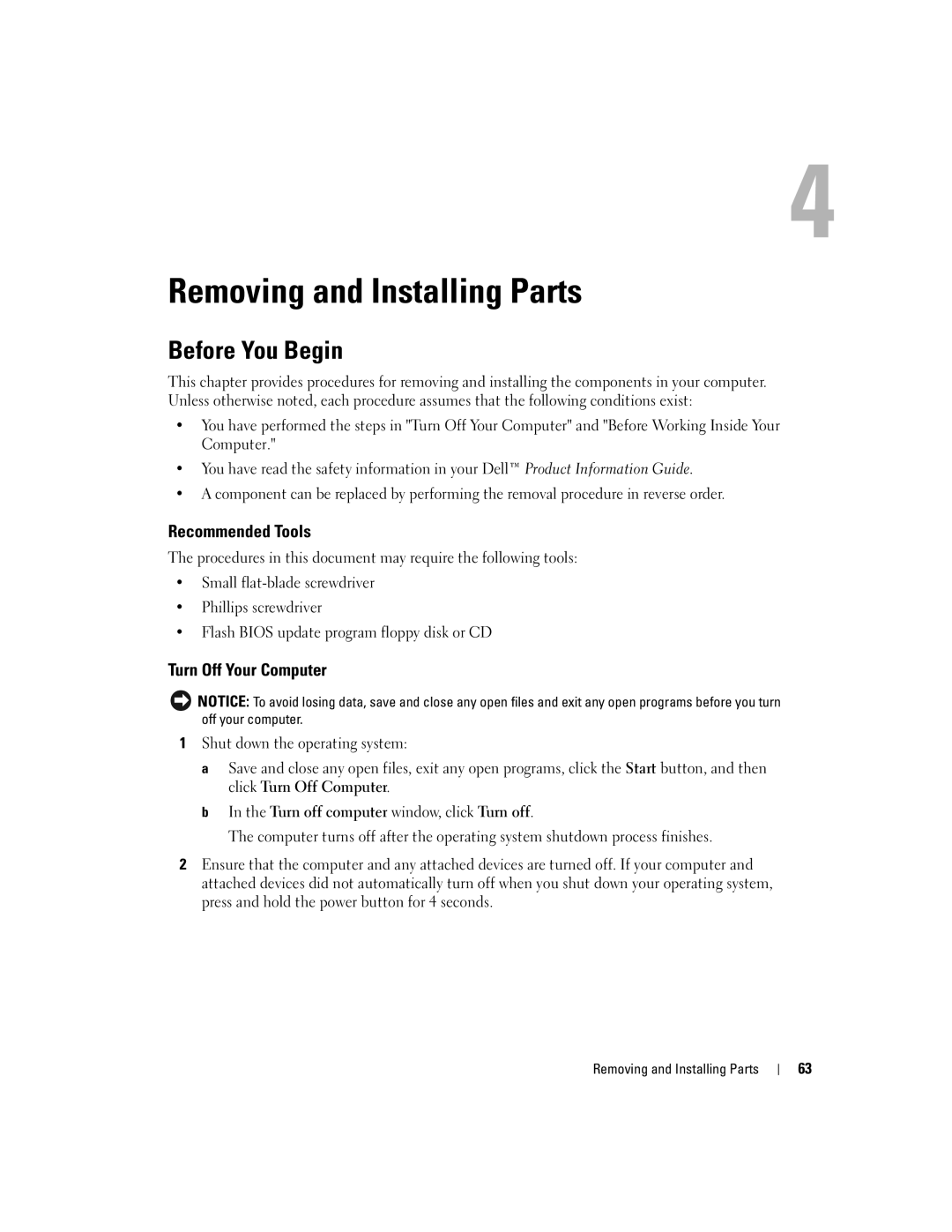 Dell 400 owner manual Before You Begin, Recommended Tools, Turn Off Your Computer, Removing and Installing Parts 