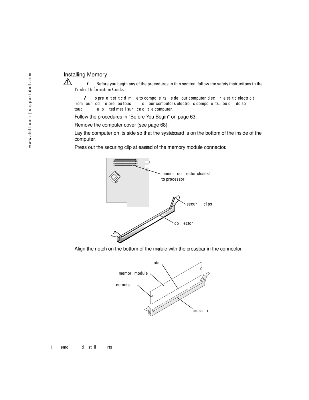 Dell 400 owner manual Installing Memory, To processor, Securing clips Connector 