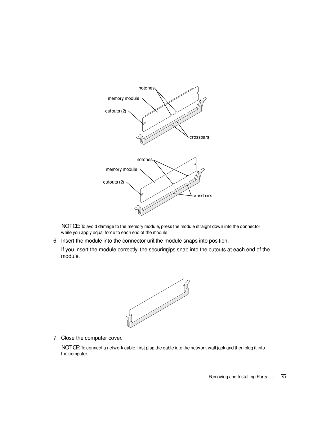 Dell 400 owner manual Notches Memory module Cutouts Crossbars 