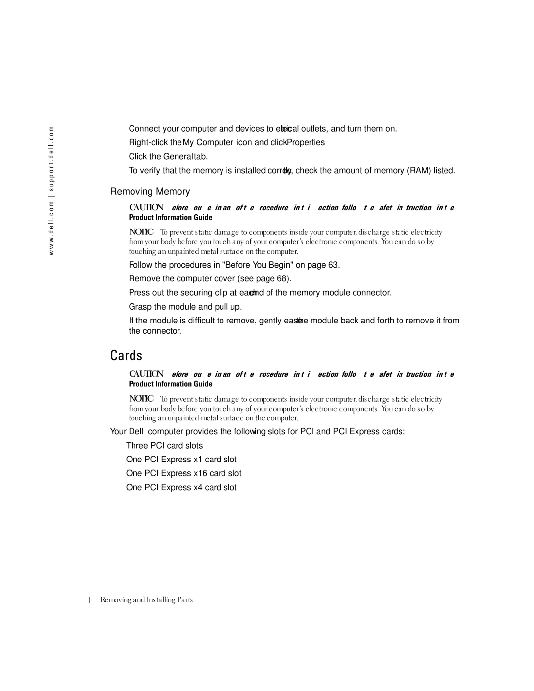 Dell 400 owner manual Cards, Removing Memory 