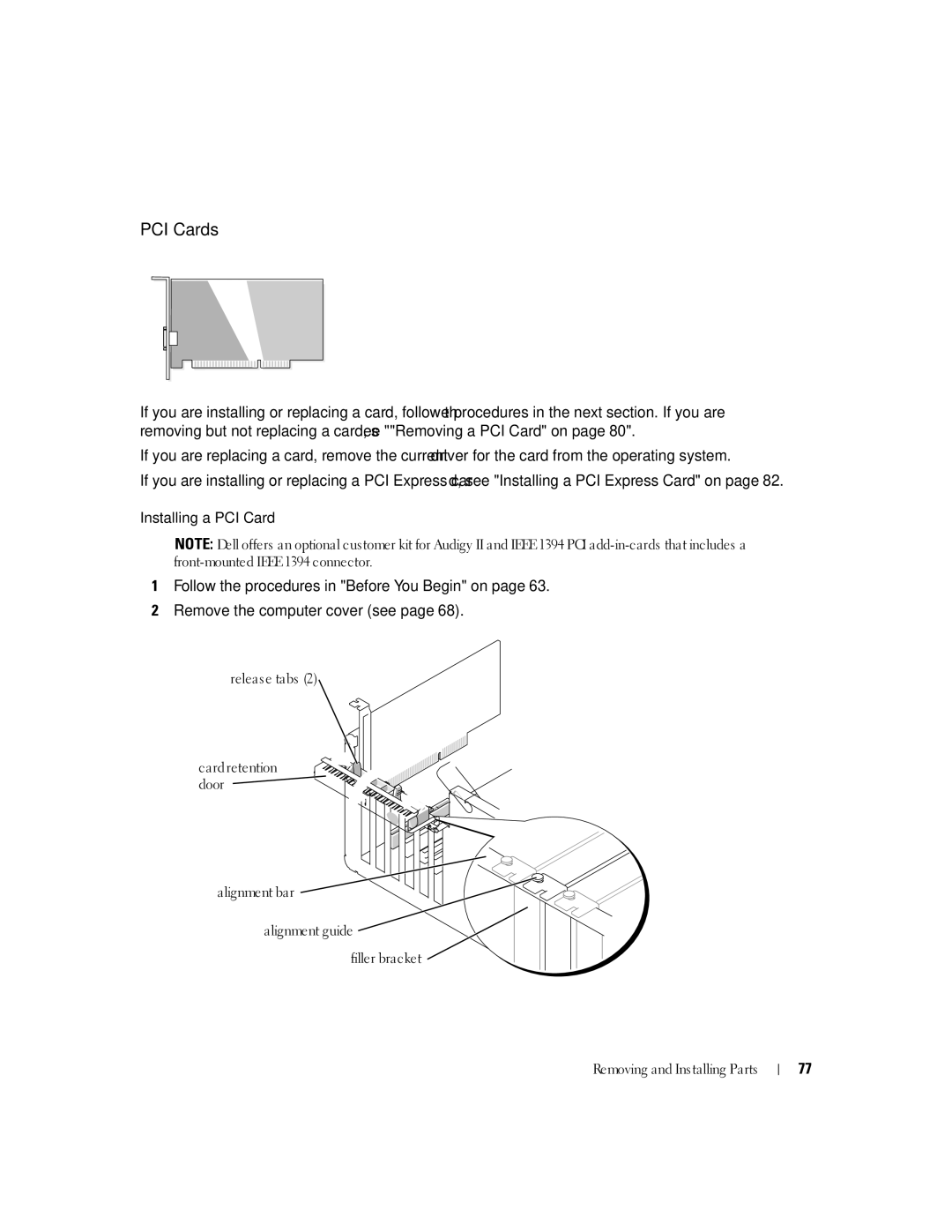 Dell 400 owner manual PCI Cards, Installing a PCI Card 