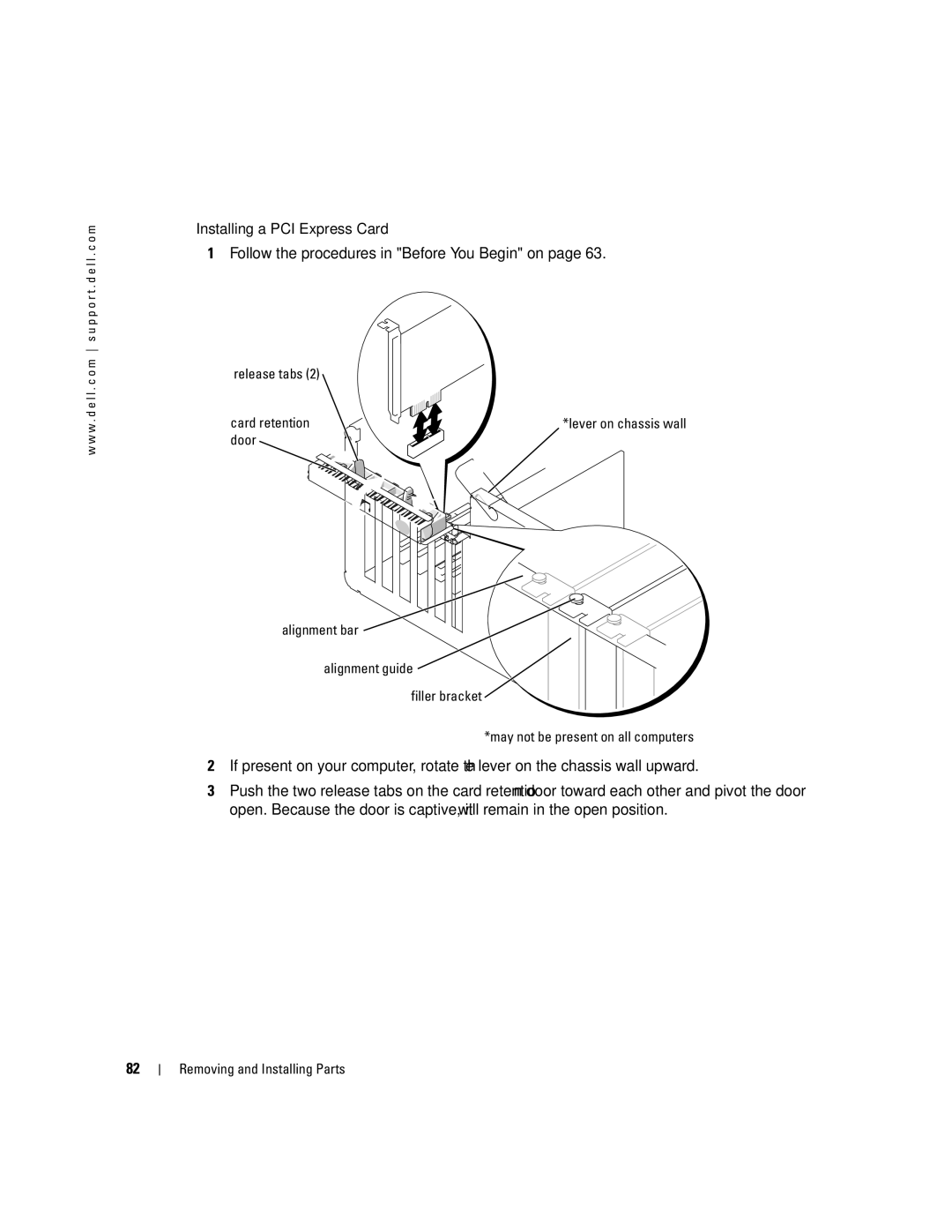 Dell 400 owner manual Installing a PCI Express Card, Release tabs Card retention 