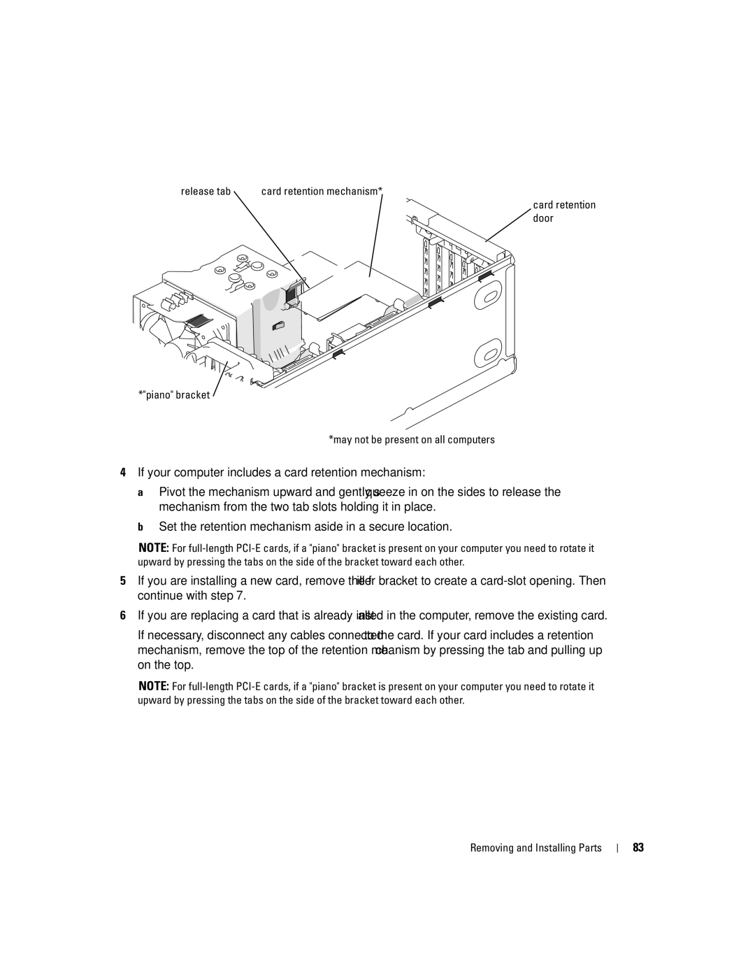 Dell 400 owner manual Release tab card retention mechanism, Piano bracket May not be present on all computers 