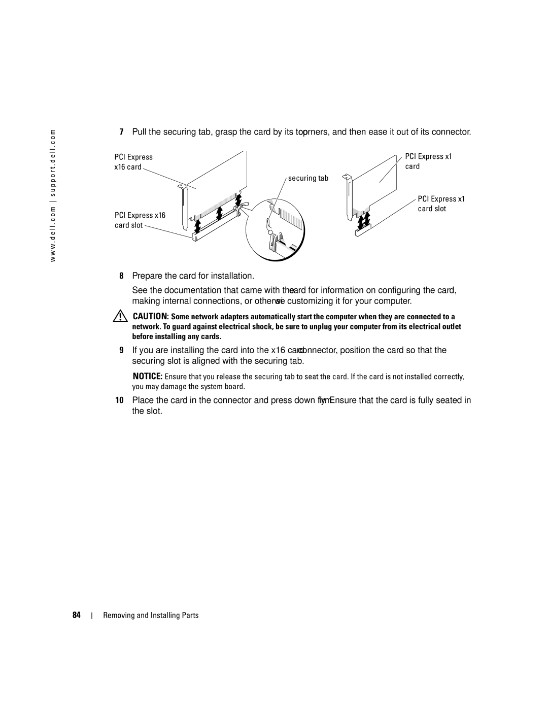 Dell 400 owner manual PCI Express X16 card Card Securing tab, PCI Express Card slot 