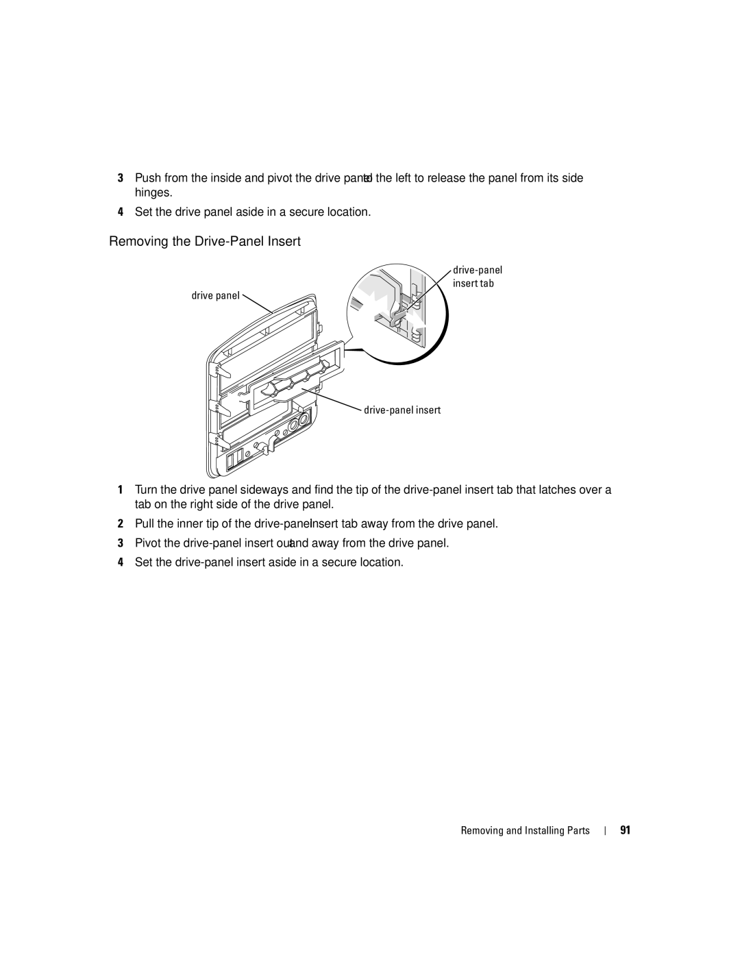 Dell 400 owner manual Removing the Drive-Panel Insert, Drive-panel Insert tab Drive panel Drive-panel insert 