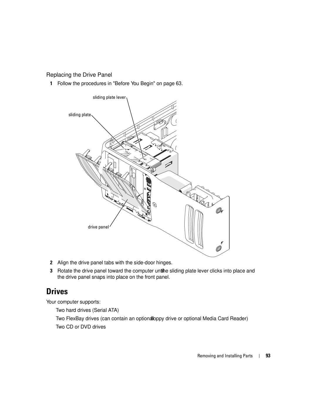 Dell 400 owner manual Drives, Replacing the Drive Panel 