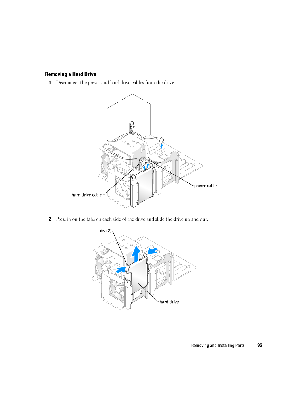 Dell 400 owner manual Removing a Hard Drive, Power cable Hard drive cable, Hard drive Removing and Installing Parts 