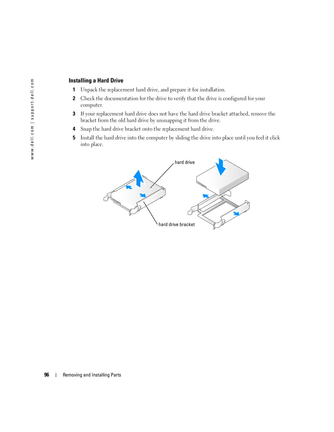 Dell 400 owner manual Installing a Hard Drive, Hard drive Hard drive bracket Removing and Installing Parts 