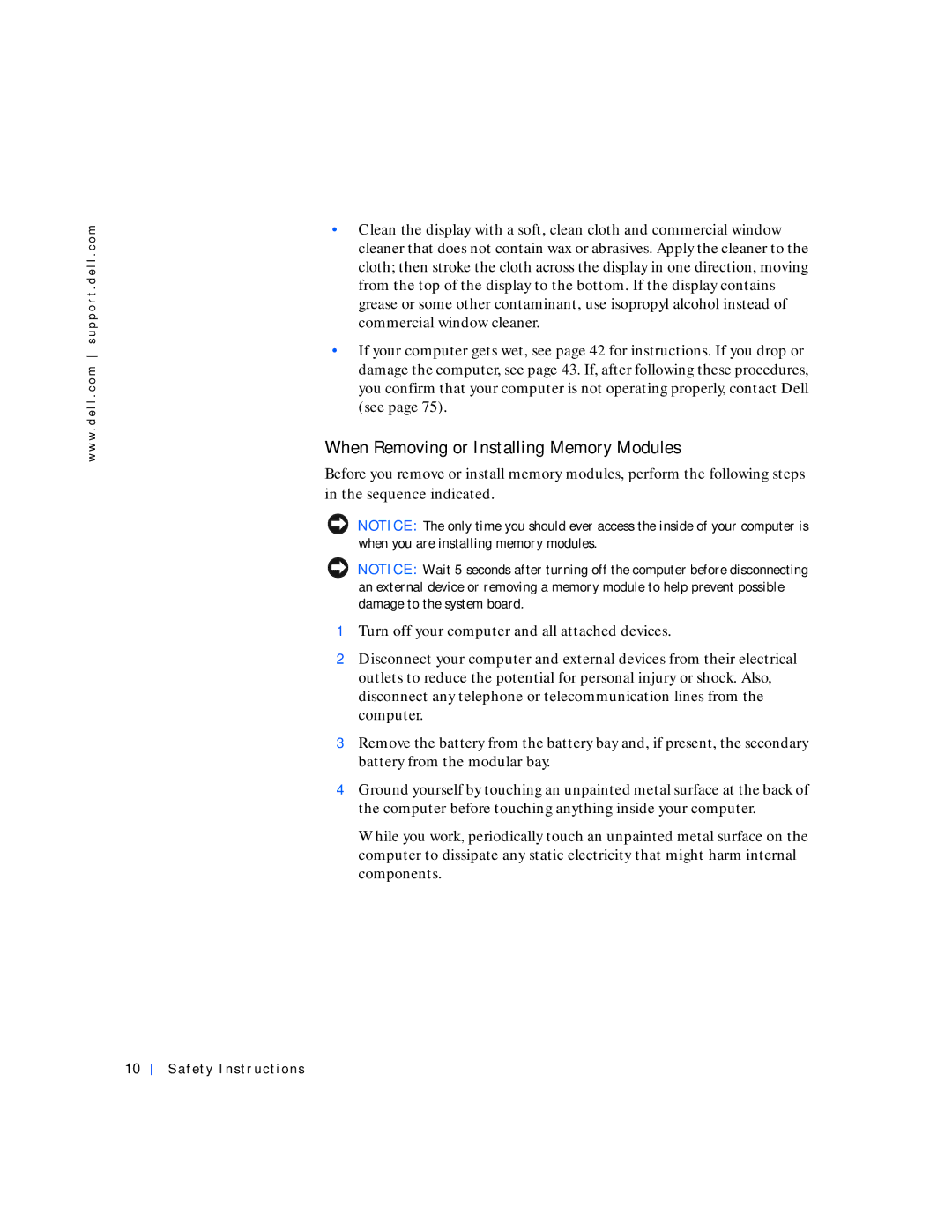 Dell 4000 manual When Removing or Installing Memory Modules 