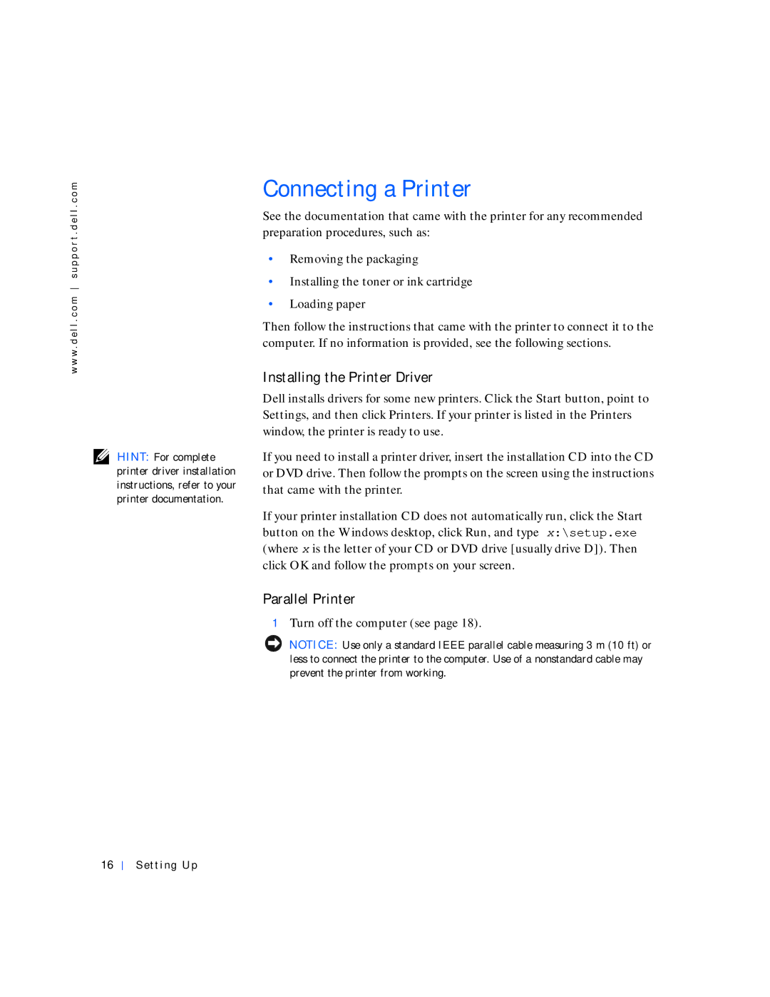 Dell 4000 manual Connecting a Printer, Installing the Printer Driver, Parallel Printer 