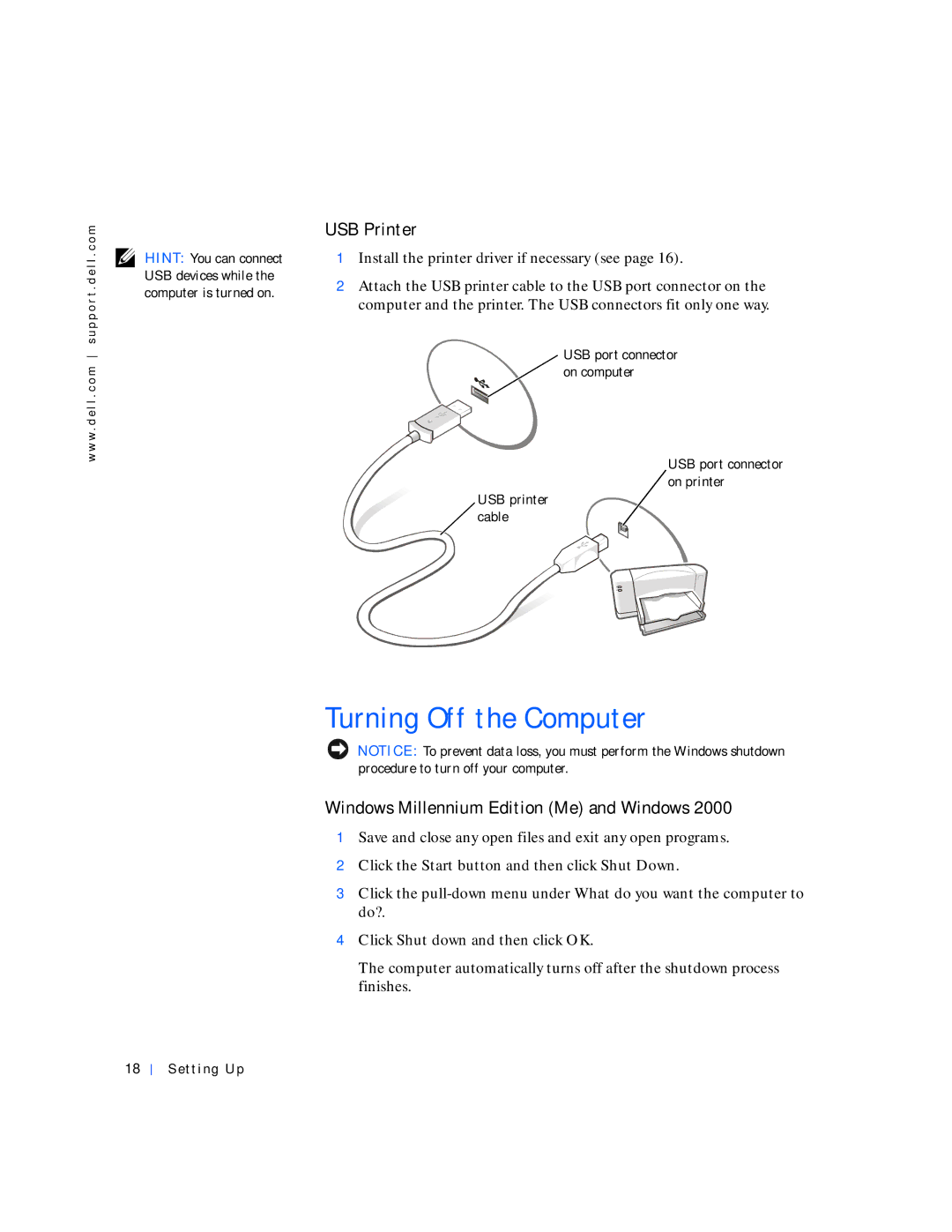 Dell 4000 manual Turning Off the Computer, USB Printer, Windows Millennium Edition Me and Windows 