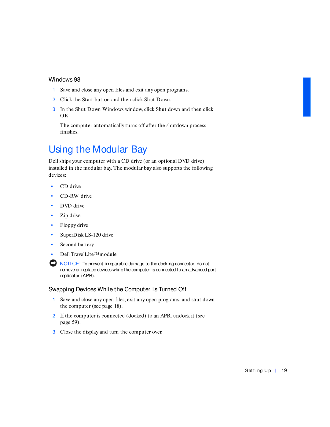 Dell 4000 manual Using the Modular Bay, Windows, Swapping Devices While the Computer Is Turned Off 