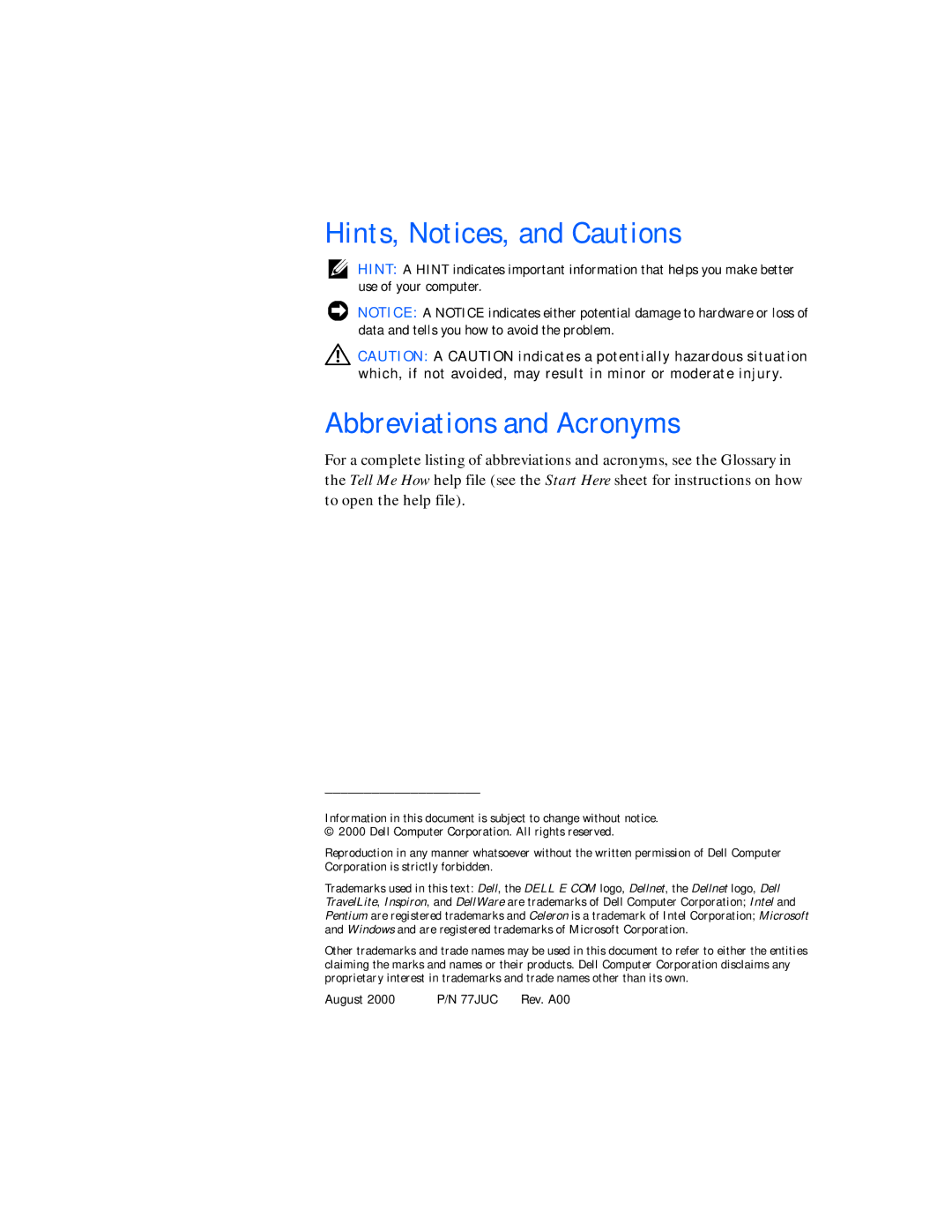 Dell 4000 manual Hints, Notices, and Cautions, Abbreviations and Acronyms 