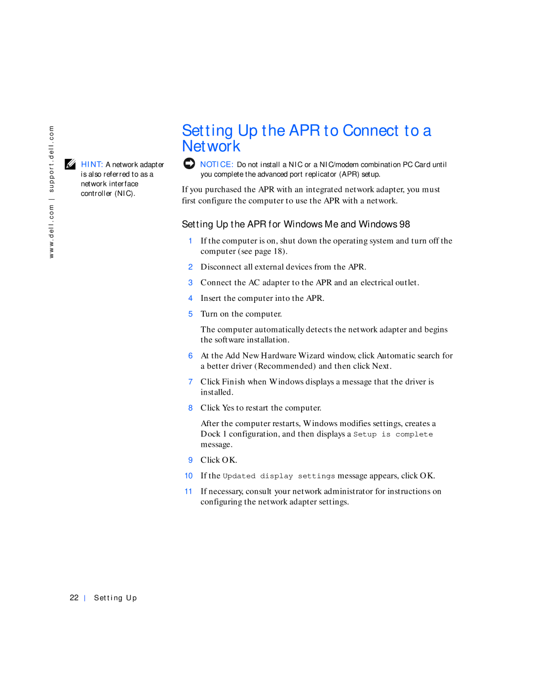 Dell 4000 manual Setting Up the APR to Connect to a Network, Setting Up the APR for Windows Me and Windows 