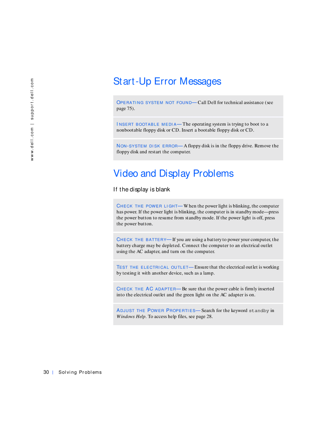 Dell 4000 manual Start-Up Error Messages, Video and Display Problems, If the display is blank 