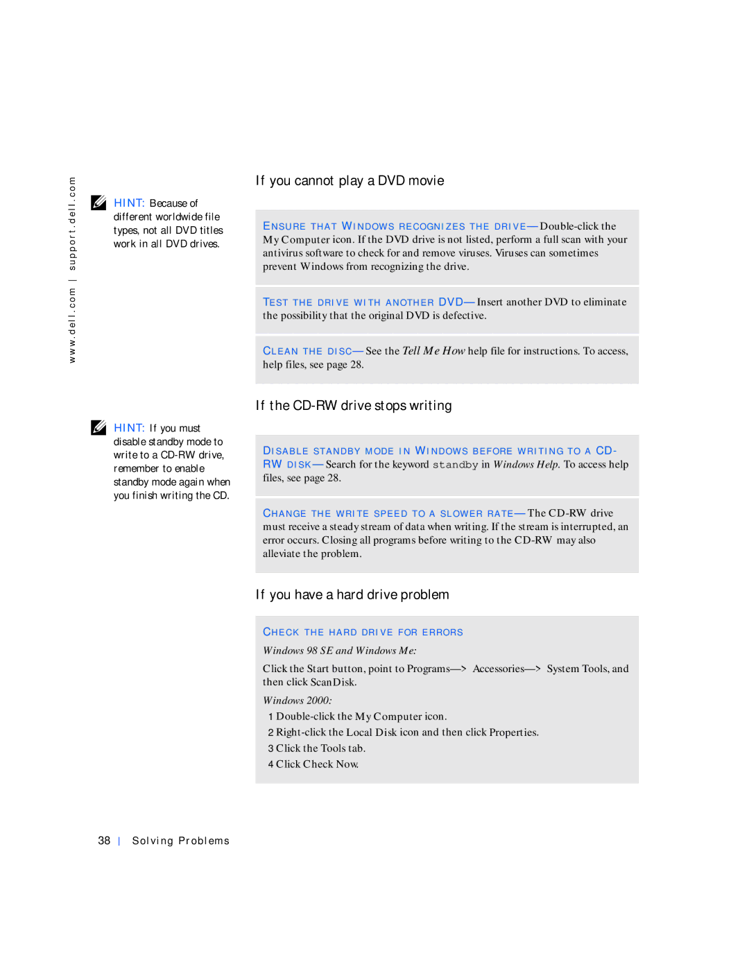Dell 4000 manual If you cannot play a DVD movie, If the CD-RW drive stops writing, If you have a hard drive problem 