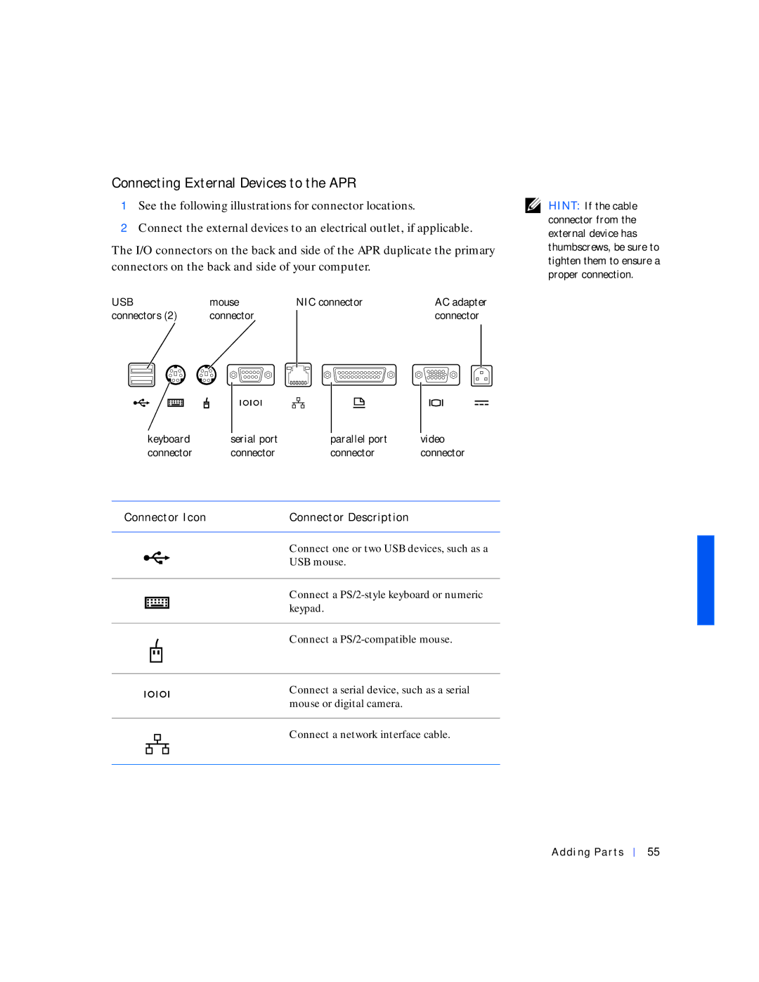 Dell 4000 manual Connecting External Devices to the APR, Usb 