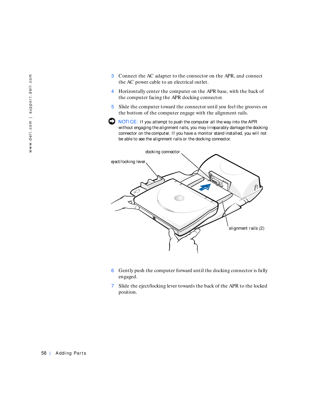 Dell 4000 manual Docking connector Eject/locking lever Alignment rails 