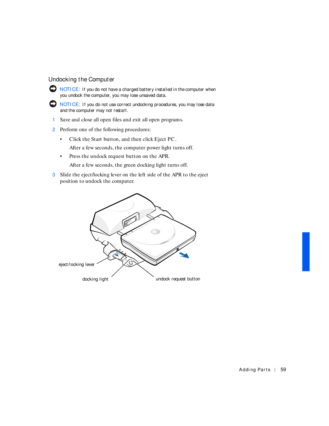 Dell 4000 manual Undocking the Computer 