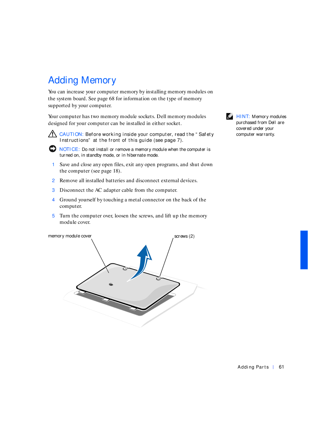 Dell 4000 manual Adding Memory 