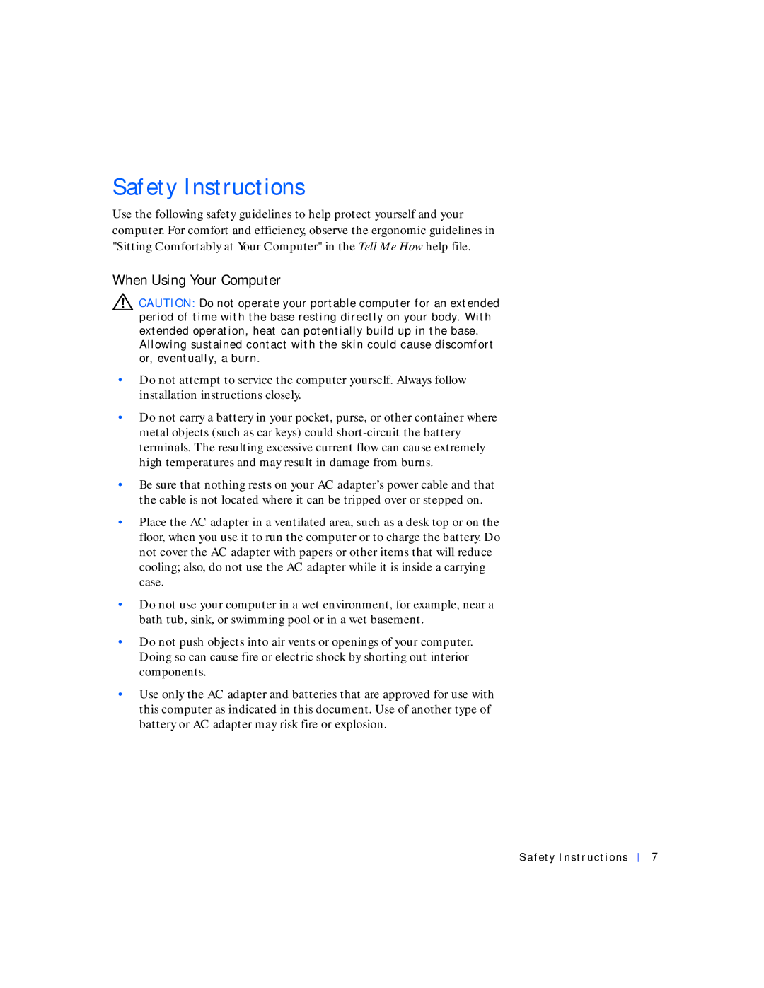 Dell 4000 manual Safety Instructions, When Using Your Computer 