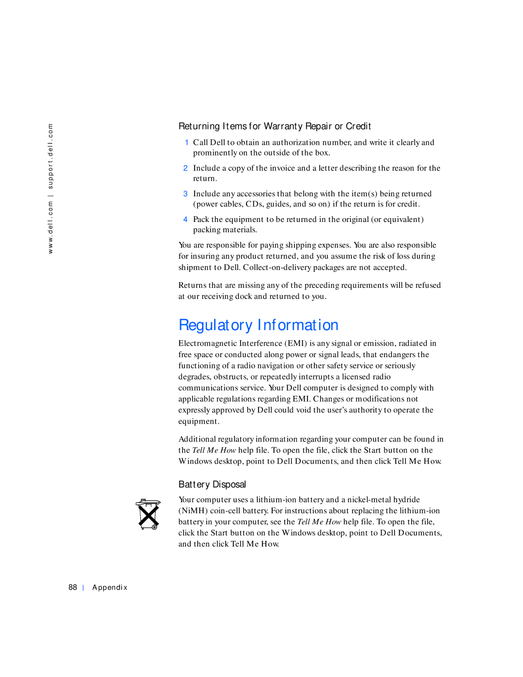 Dell 4000 manual Regulatory Information, Returning Items for Warranty Repair or Credit, Battery Disposal 