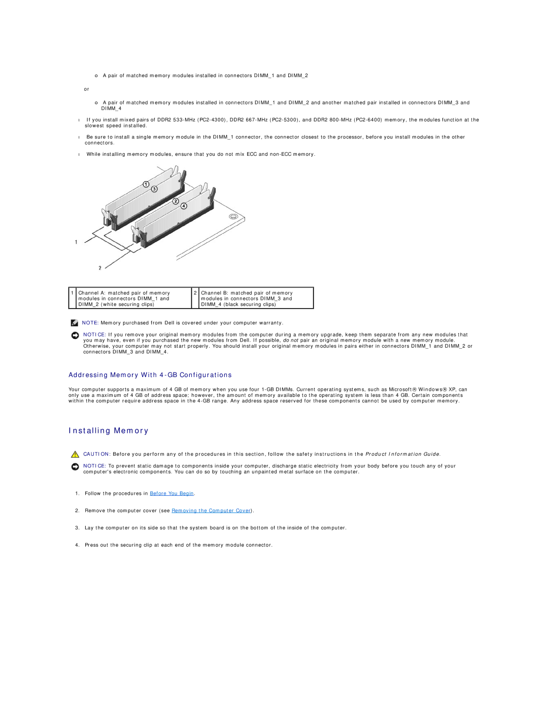 Dell XPS410 manual Installing Memory, Addressing Memory With 4-GB Configurations 