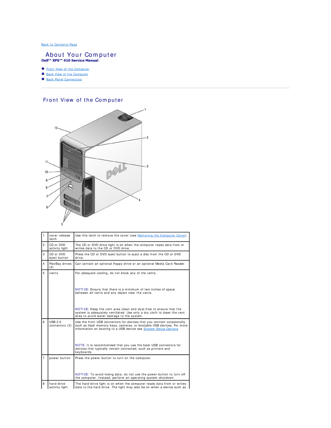 Dell XPS410 manual About Your Computer, Front View of the Computer 