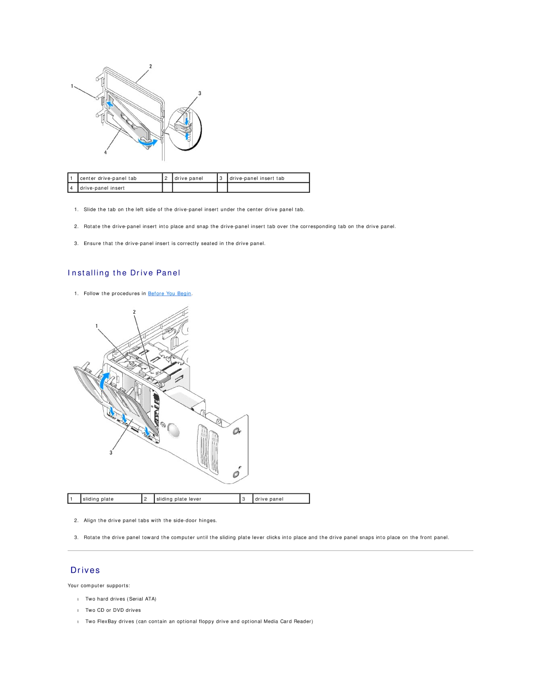 Dell XPS410 manual Drives, Installing the Drive Panel 