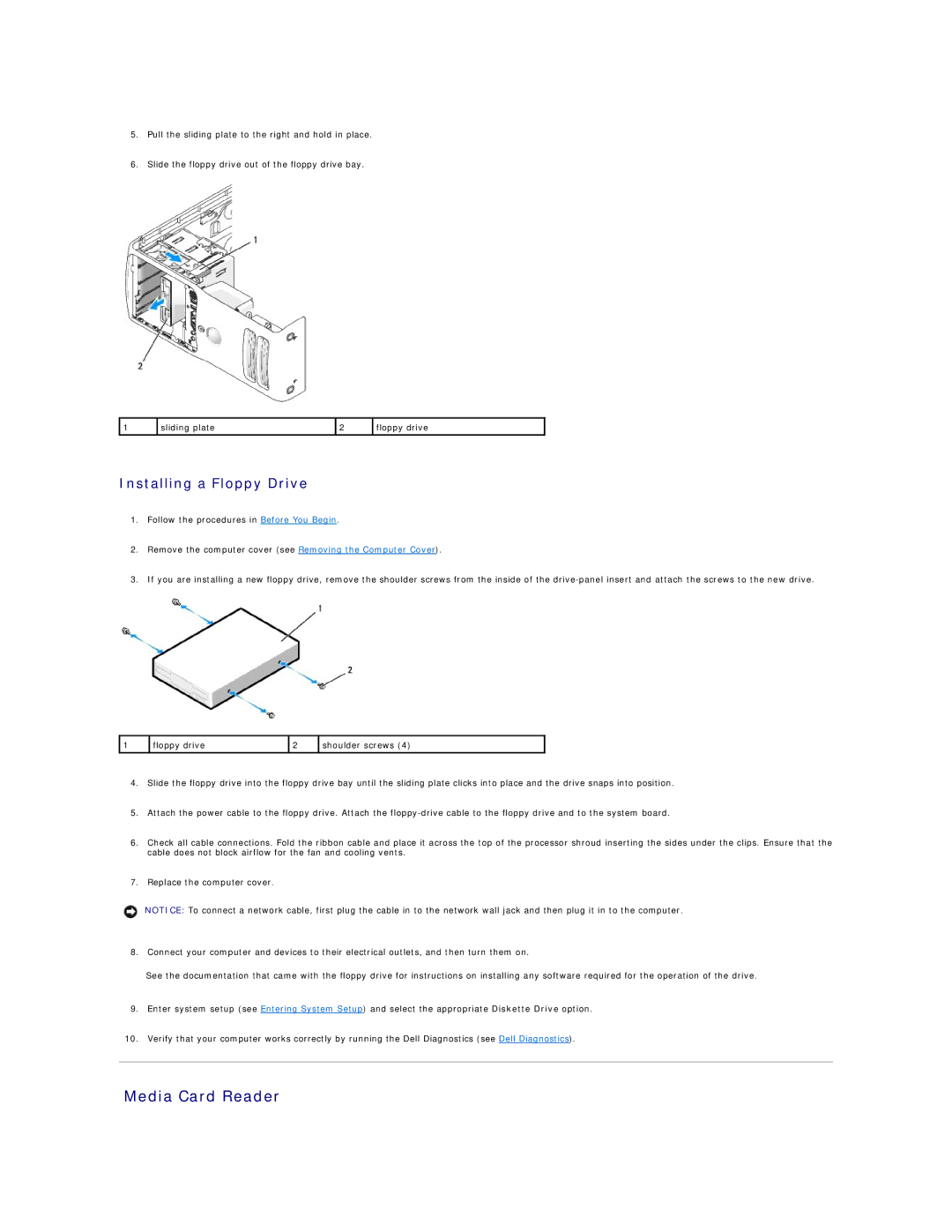 Dell XPS410 manual Media Card Reader, Installing a Floppy Drive 