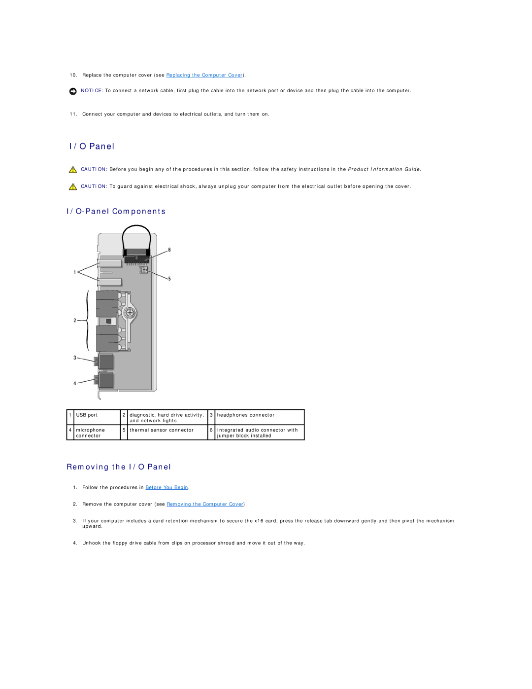 Dell XPS410 manual Panel Components, Removing the I/O Panel 