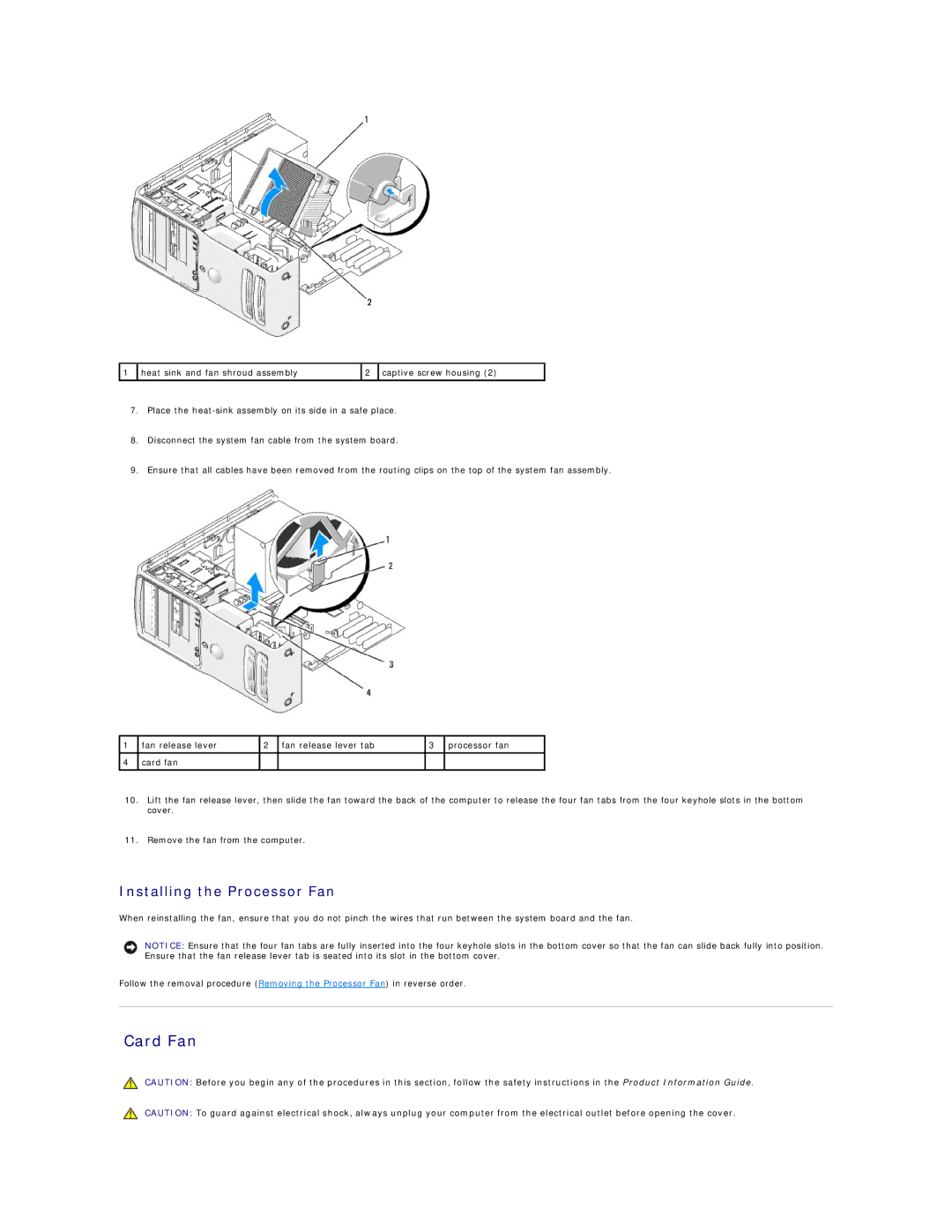 Dell XPS410 manual Card Fan, Installing the Processor Fan 