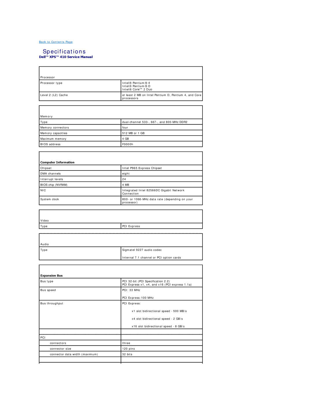 Dell XPS410 manual Specifications 