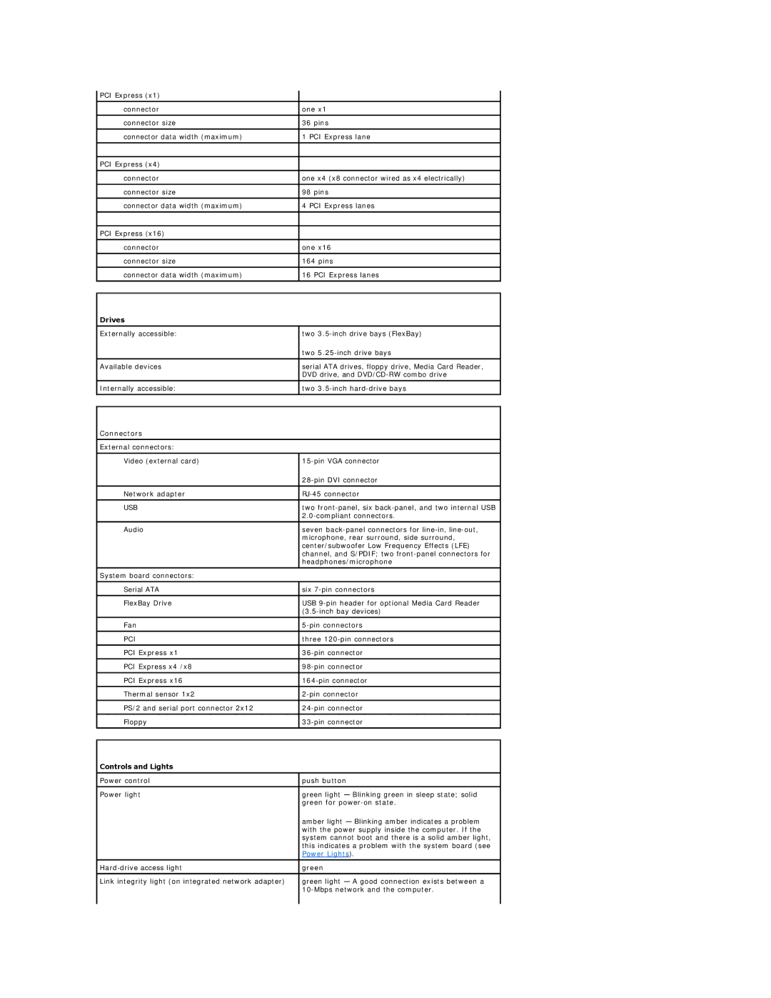 Dell XPS410 manual Drives, Connectors, Controls and Lights 