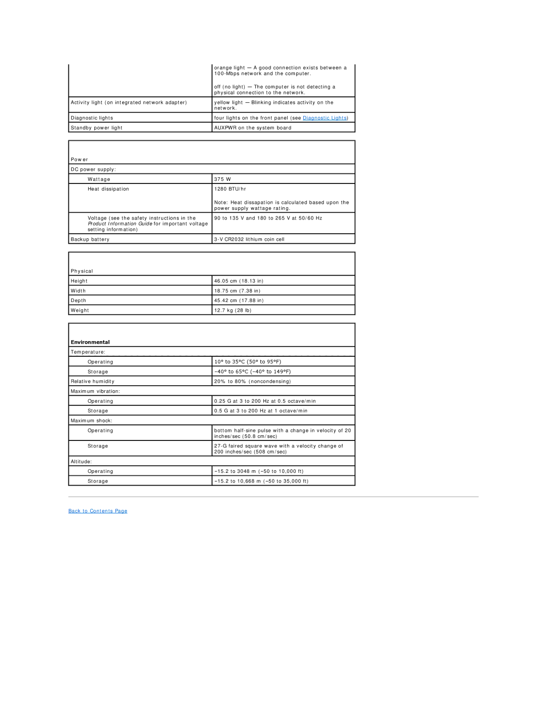 Dell XPS410 manual Power, Physical, Environmental 