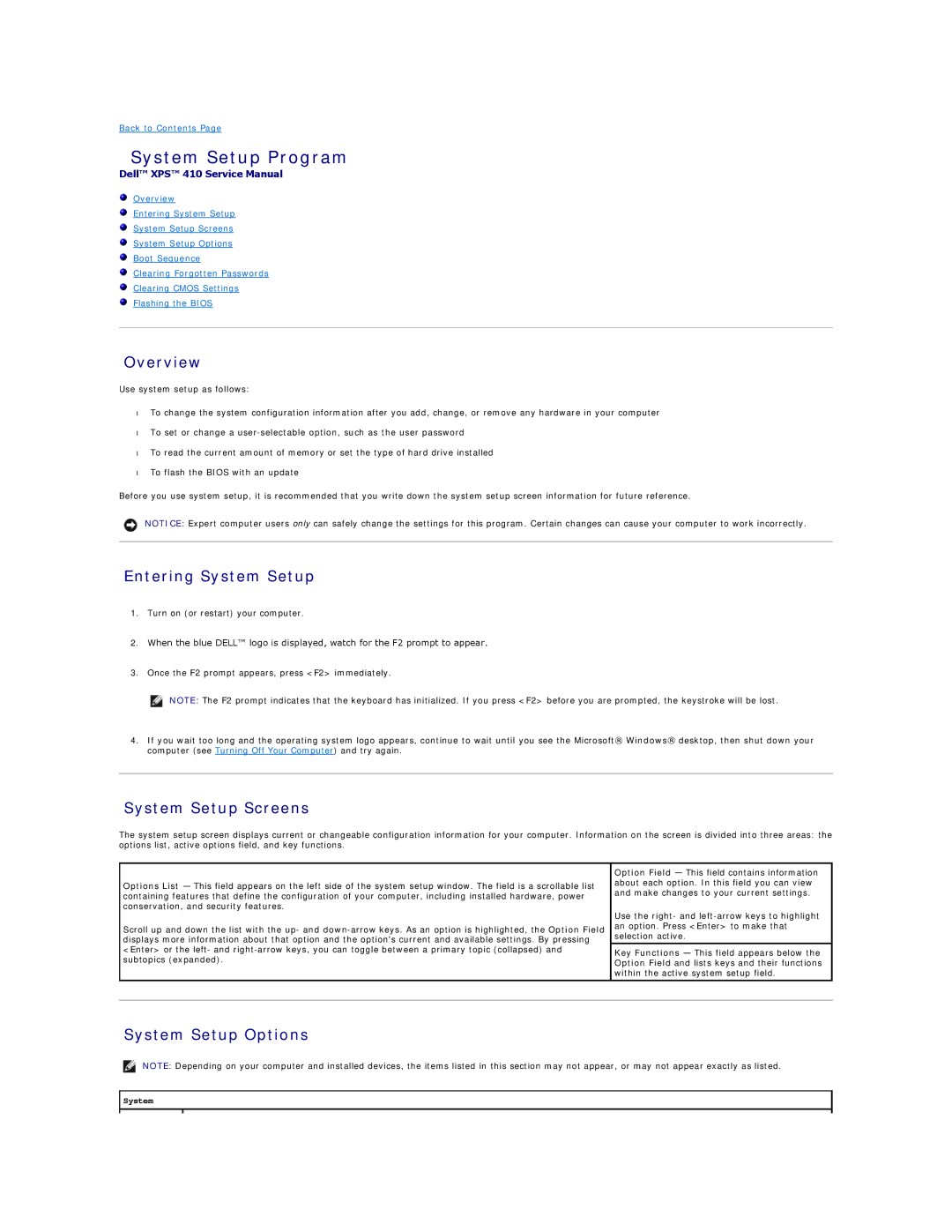 Dell XPS410 manual System Setup Program, Overview, Entering System Setup, System Setup Screens, System Setup Options 