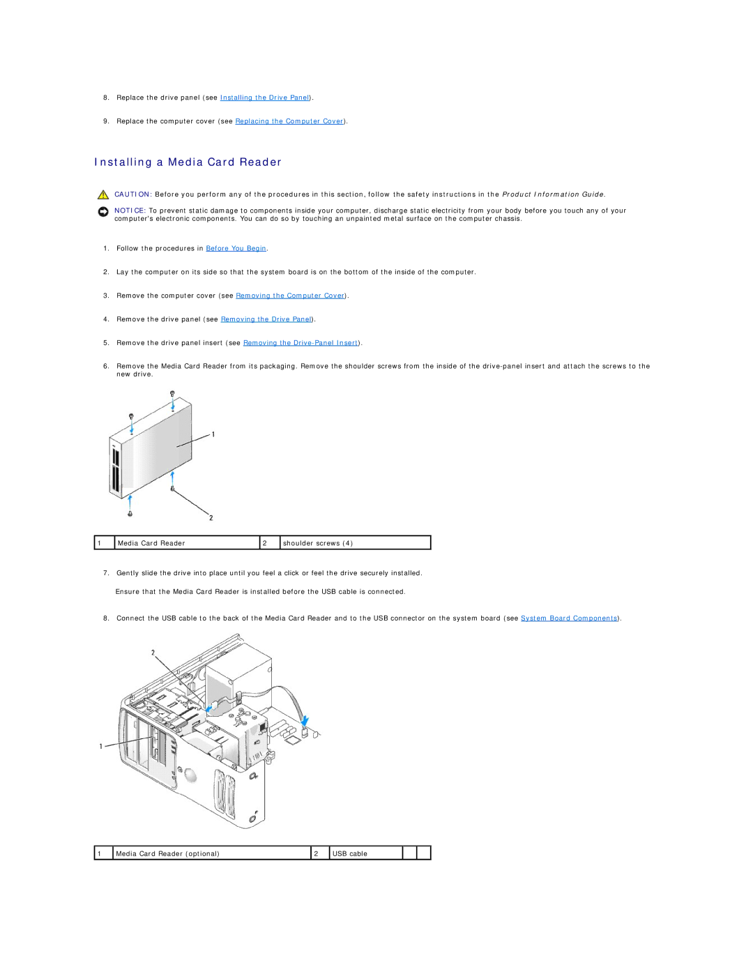 Dell 410 manual Installing a Media Card Reader 