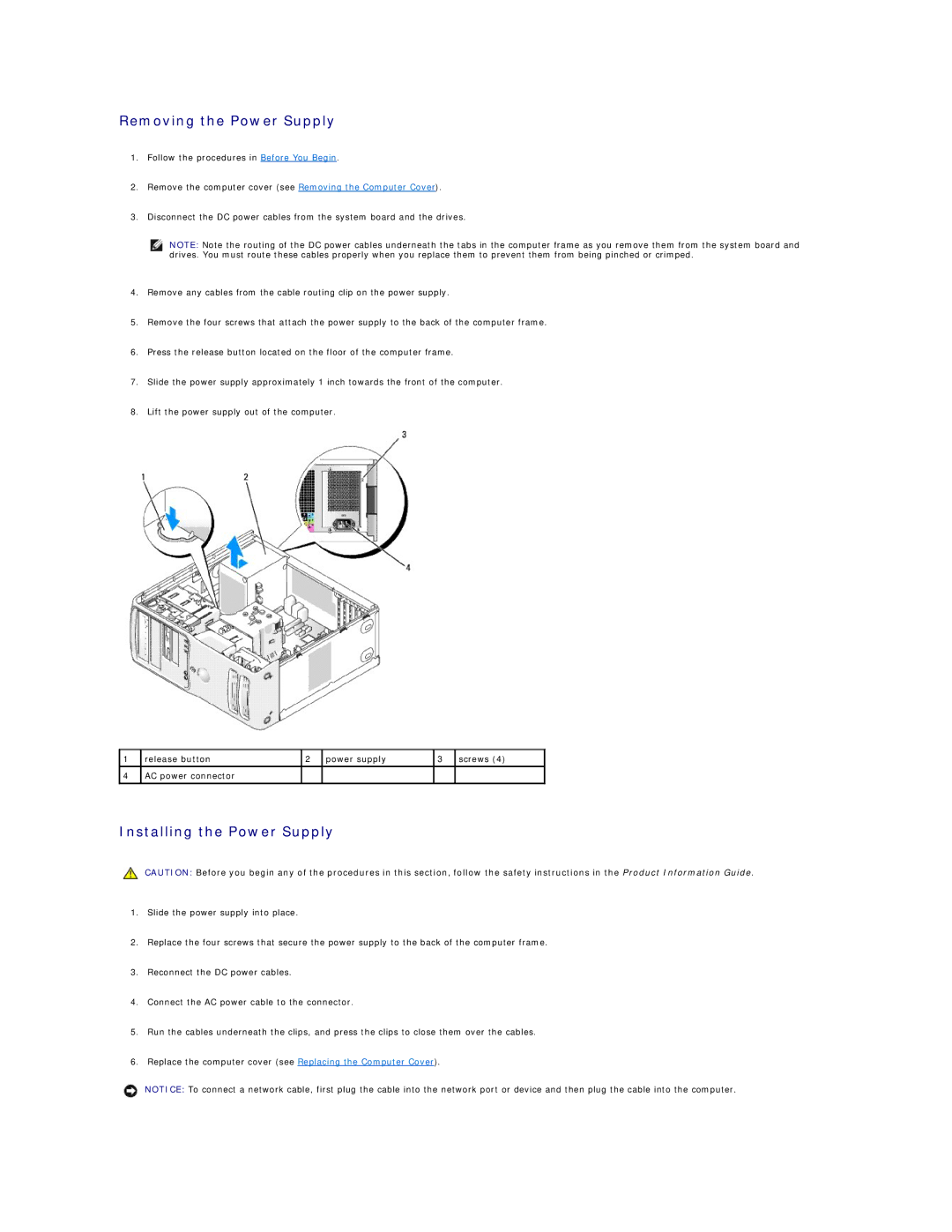 Dell 410 manual Removing the Power Supply, Installing the Power Supply 