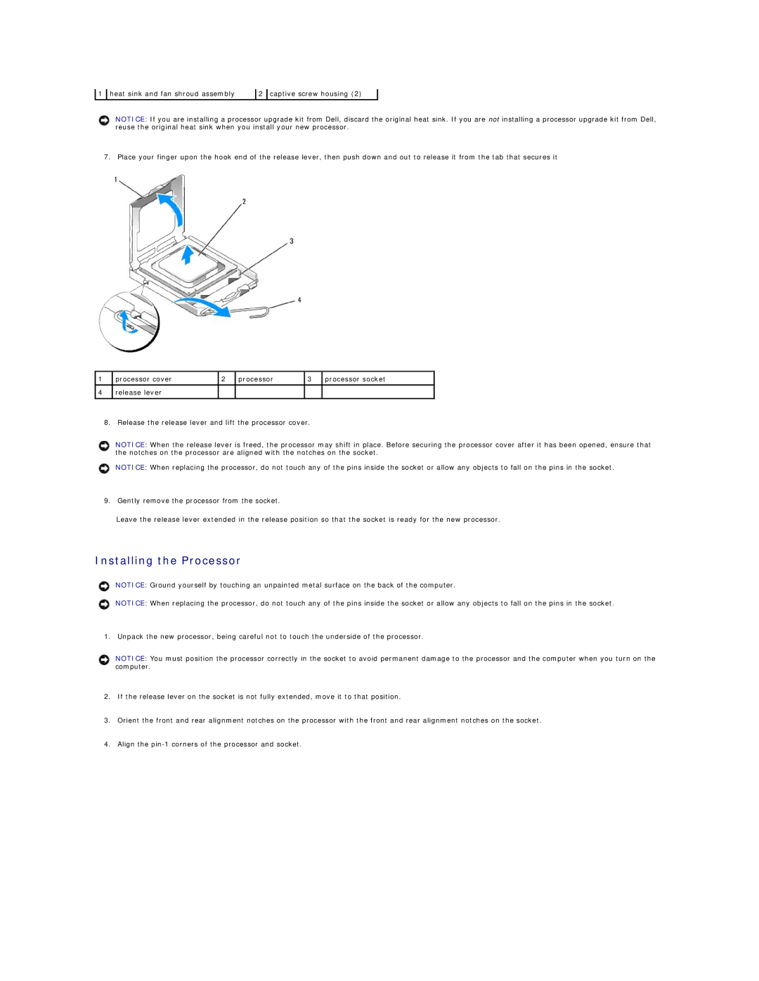 Dell 410 manual Installing the Processor 