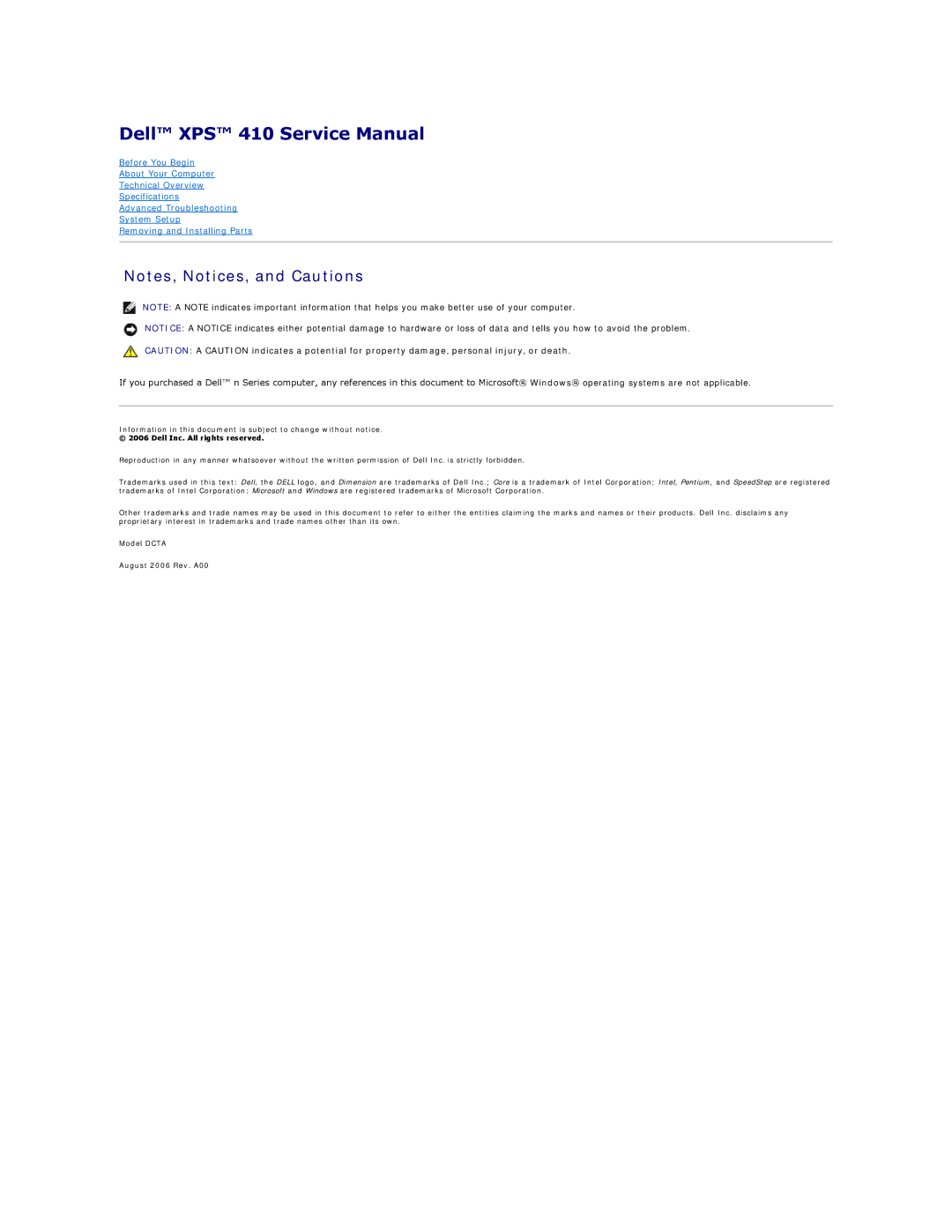Dell 410 specifications Model Dcta August 2006 Rev. A00 